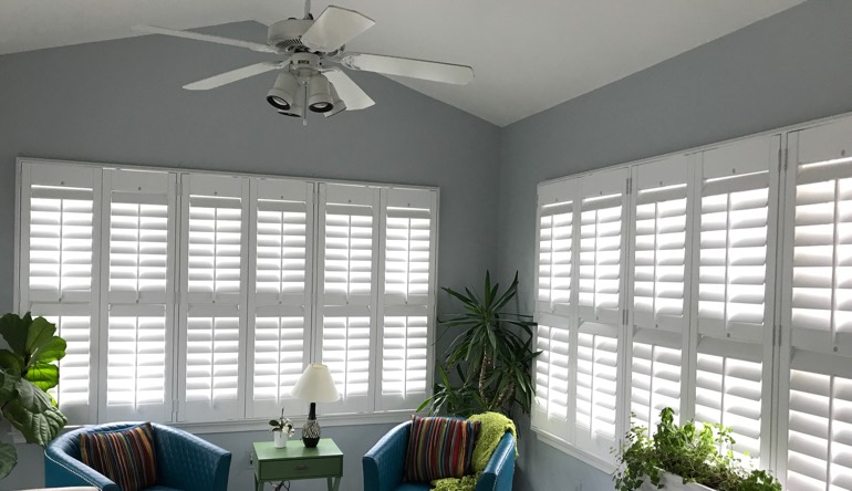 San Diego sunroom with fan and shutters